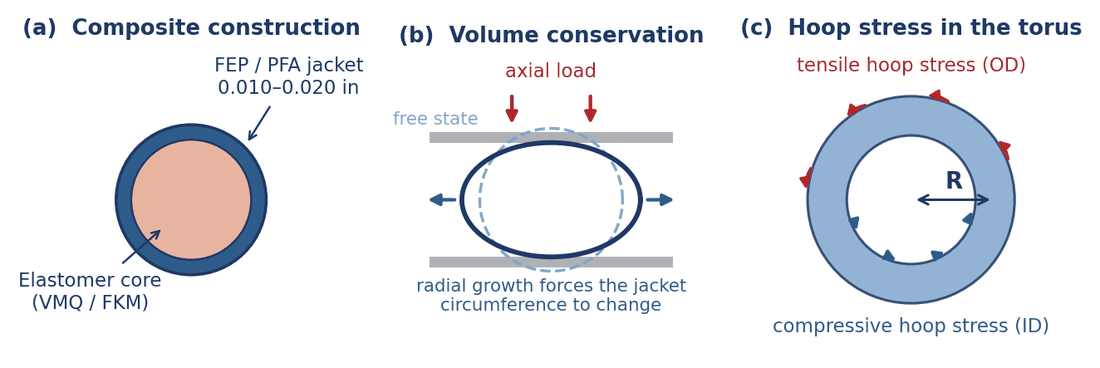 Three panels: encapsulated O-ring cross-section showing jacket over elastomer core; volume conservation under axial load; tensile and compressive hoop stress around the torus.